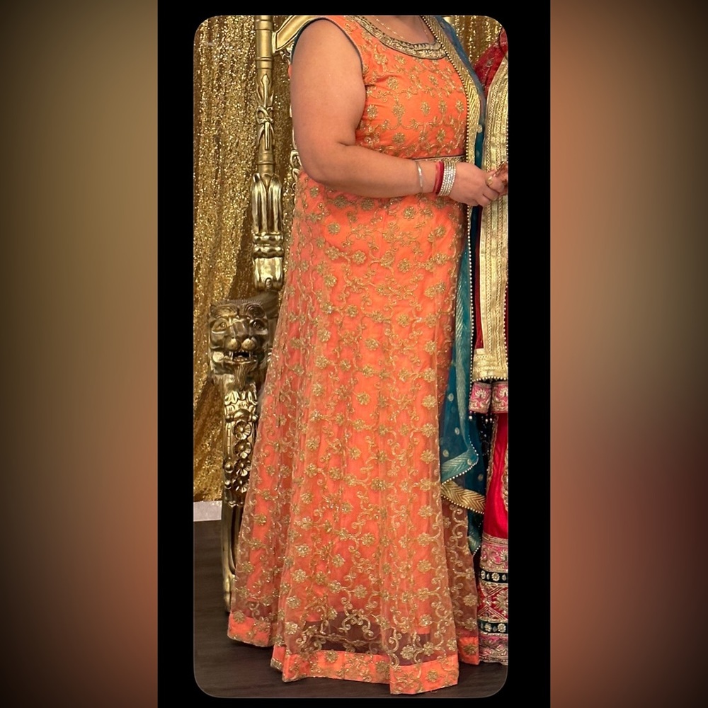 EUC Elegant Peach and gold Embroidered Desi gown - Picture 2 of 5